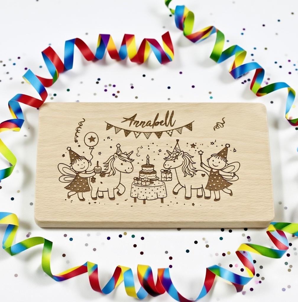 Personalisiertes Frühstücksbrettchen Feen-Party aus Holz mit Gravur